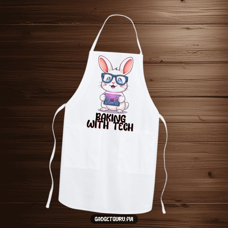 Funny Rabbit Scientist Apron: A humorous apron featuring a rabbit with glasses holding a glowing circuit board, great for kitchen experiments.