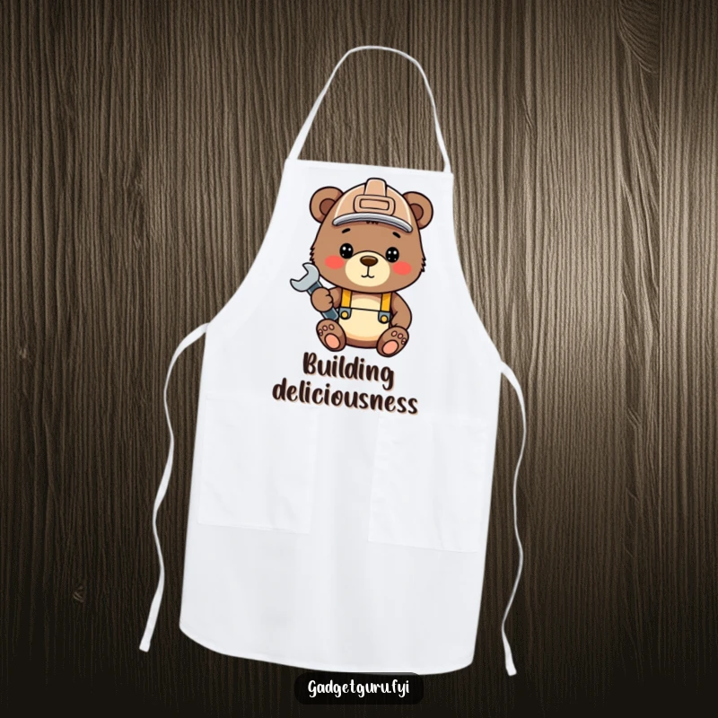 Funny bear cub apron, a cute cub wearing a hard hat and holding a wrench, perfect for the workshop.