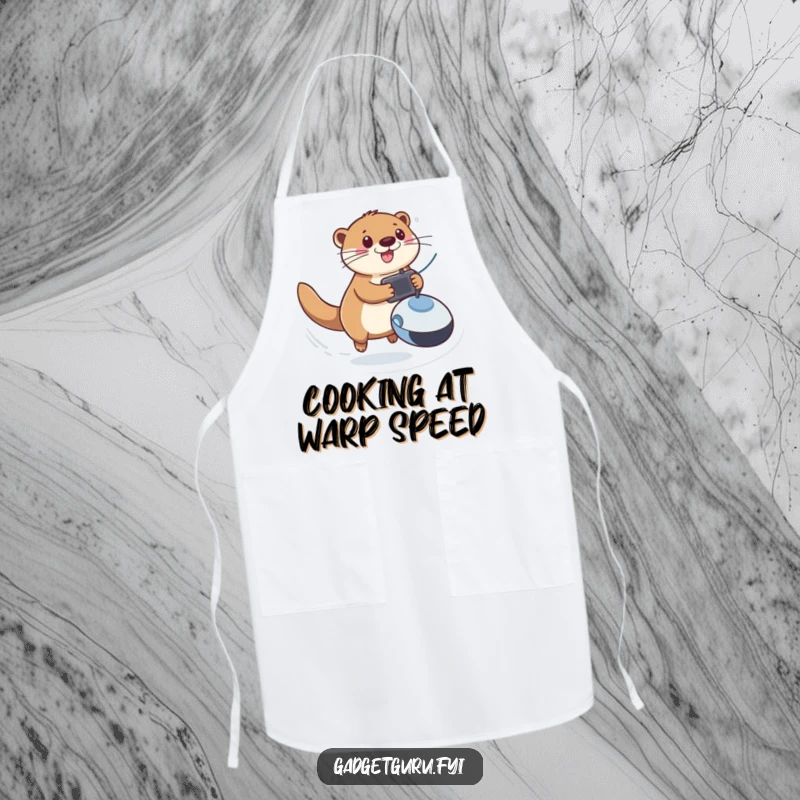Funny apron showing a playful otter zooming with a remote-controlled toy, a fun and practical kitchen accessory.