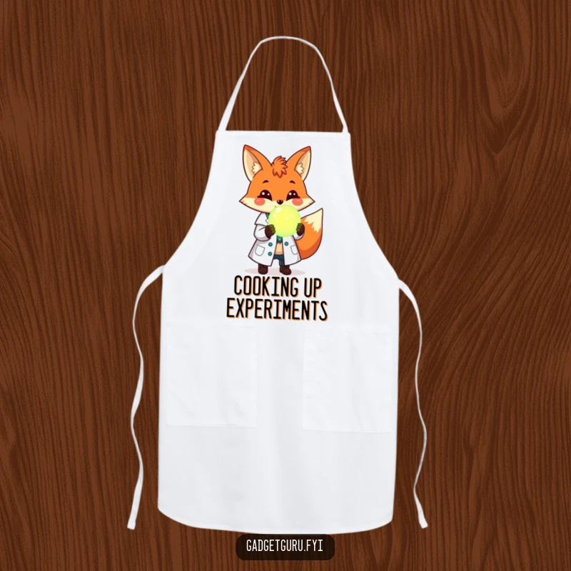 Funny apron showing a cheerful fox scientist in a lab coat, holding a glowing orb, ready for kitchen experiments.