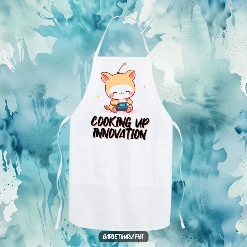 Funny Small Animal with Antenna Critter Joyfully Tinkering with a Tiny Circuit Apron, a Humorous Kitchen Tool.