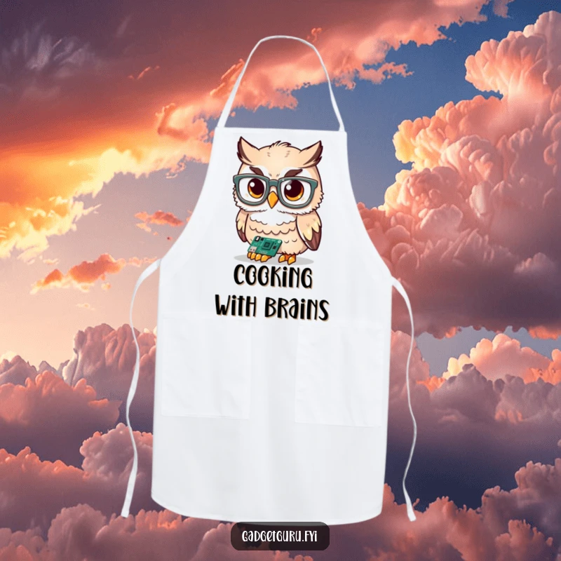 Funny cute owl character with oversized glasses examining a tiny circuit board, featured on a practical and funny apron.