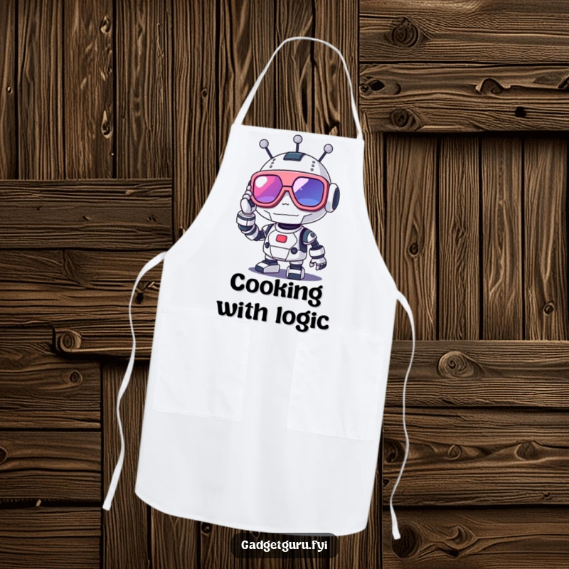 Funny robot apron featuring a cute character adjusting oversized futuristic glasses, ideal for a playful cooking experience.