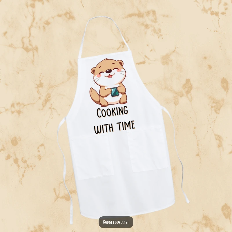 Funny apron with a cheerful otter character joyfully playing with a tiny smartwatch.
