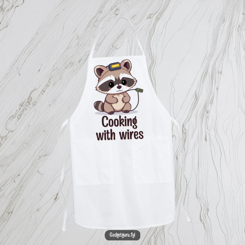 Funny apron with a tiny raccoon character wearing a headlamp, intently looking at a small wire.