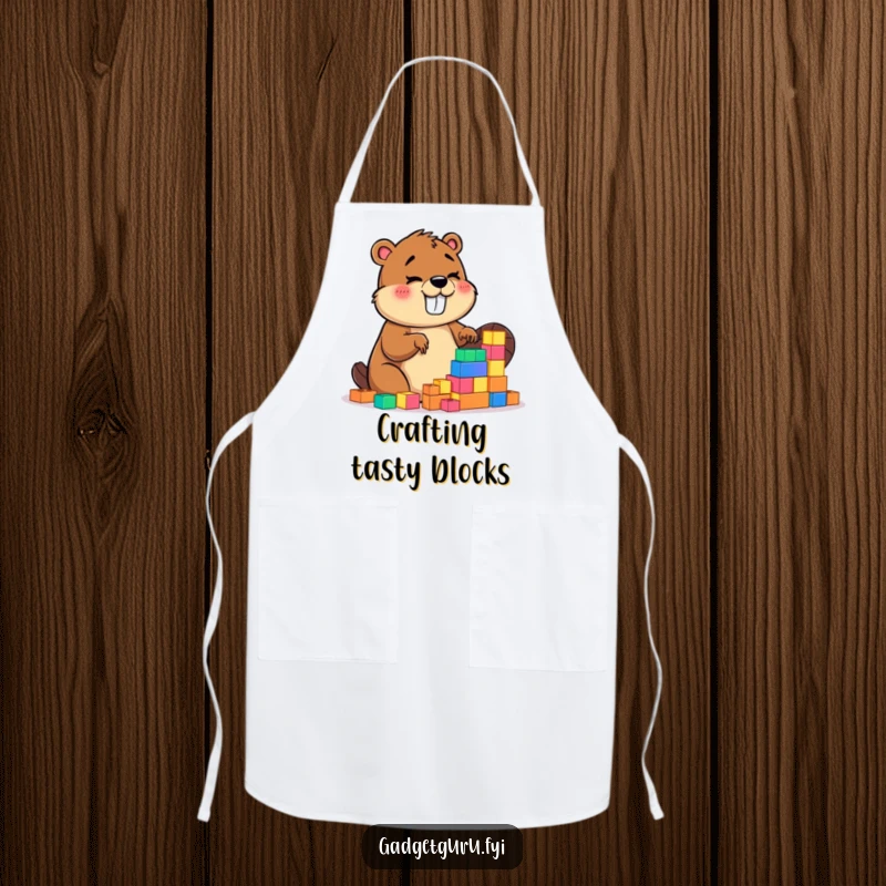 Funny apron showing a giggling beaver character enthusiastically building with tiny, glowing construction blocks while cooking.