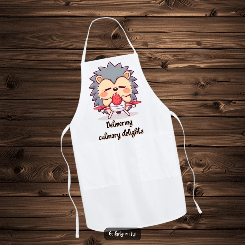 Funny Hedgehog Apron: A sleepy hedgehog uses a tiny drone to deliver a berry, perfect for a calm cooking experience.