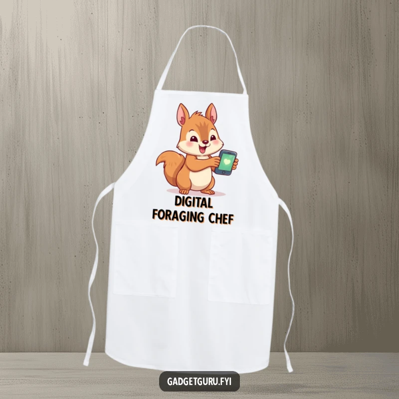 Funny apron depicting a cute squirrel character excitedly holding a glowing smartphone, adding humorous flair to kitchen activities.
