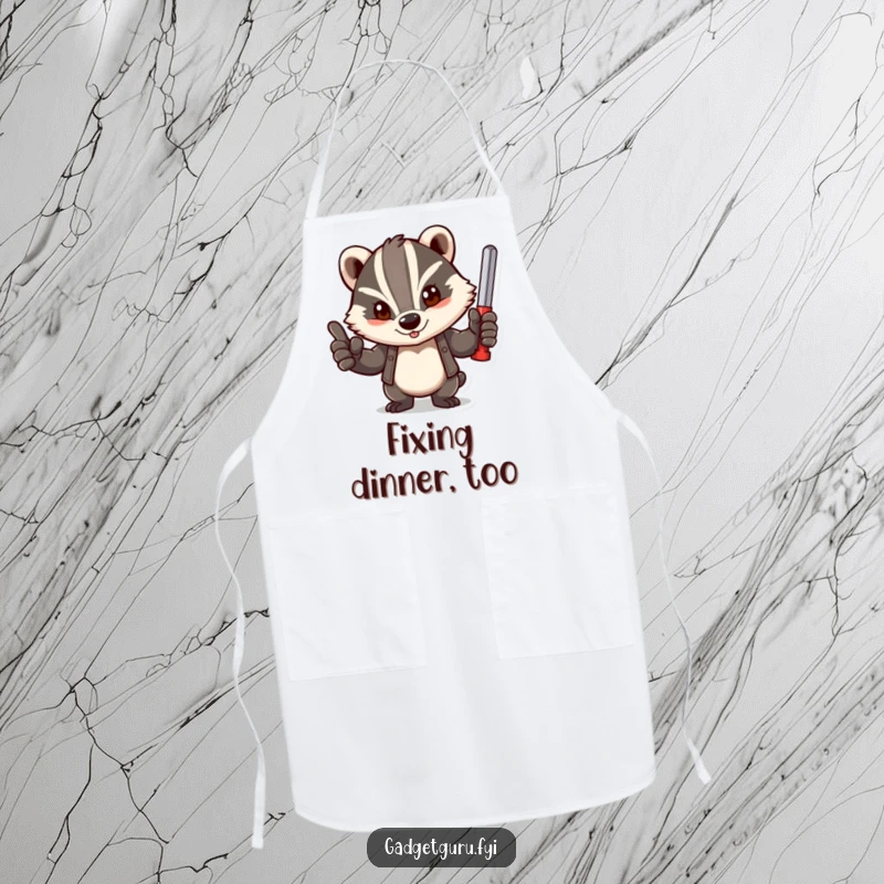 Funny apron showing a determined badger giving a thumbs-up with a tool, a fun and practical kitchen accessory.