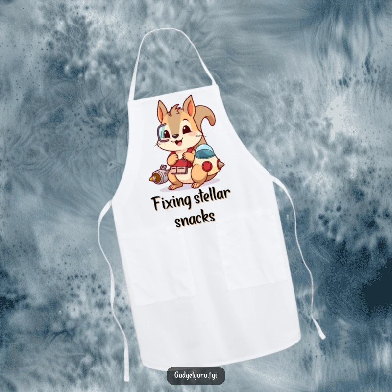 Funny apron print of a playful squirrel wearing a tool belt and tinkering with a small spaceship, designed for crafting and creative tasks.