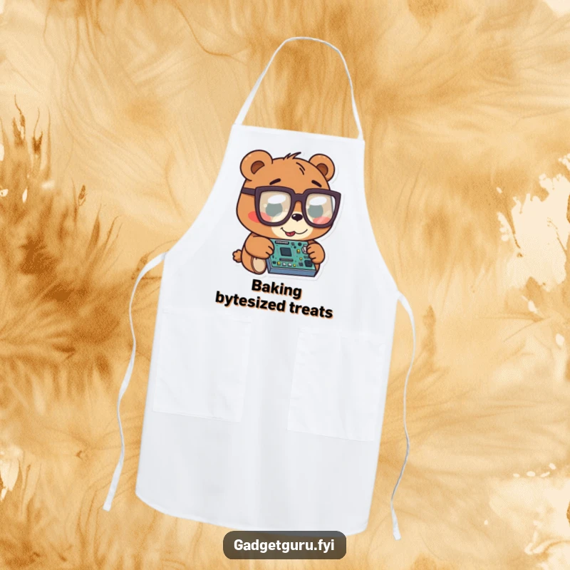 Funny bear character in oversized glasses examining a tiny circuit board, ready for kitchen adventures, on an apron.