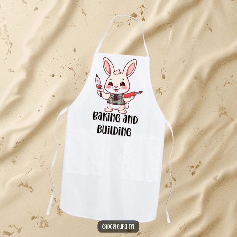 Funny apron design features a confident bunny character holding a tiny screwdriver, perfect for protecting clothes during DIY tasks.
