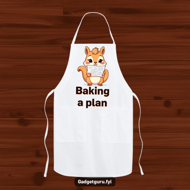 Funny cheerful squirrel character holding a tiny blueprint with determination, featured on a practical and funny apron.