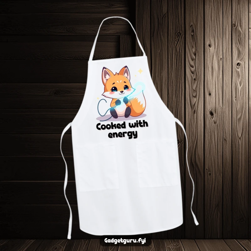 Funny fox apron featuring a playful character experimenting with glowing wires, ideal for protecting clothes during creative work.