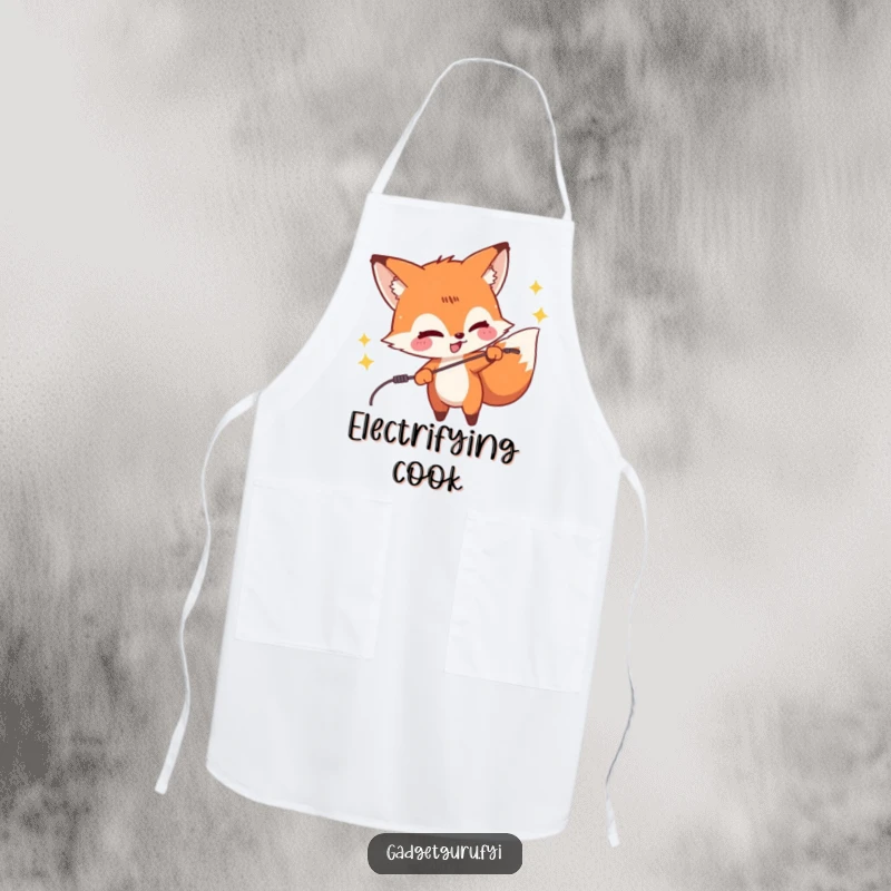 Funny apron depicting a mischievous fox character playfully zapping a wire, adding humorous flair to kitchen activities.