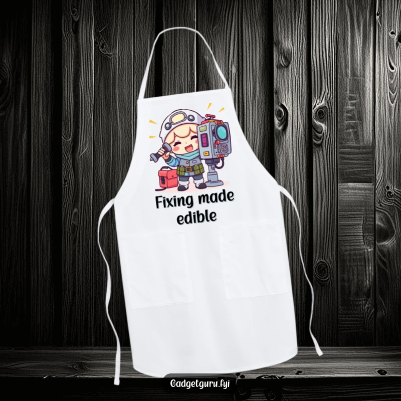 Funny apron with a cheerful gadget tinkerer character using a toolkit to adjust a blinking light on a complex machine.