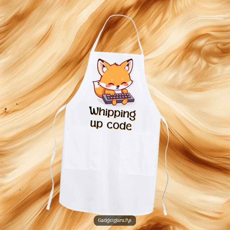 Funny Kawaii Fox Apron: A humorous kitchen apron with a kawaii fox character intently typing on a tiny keyboard, practical and stylish.