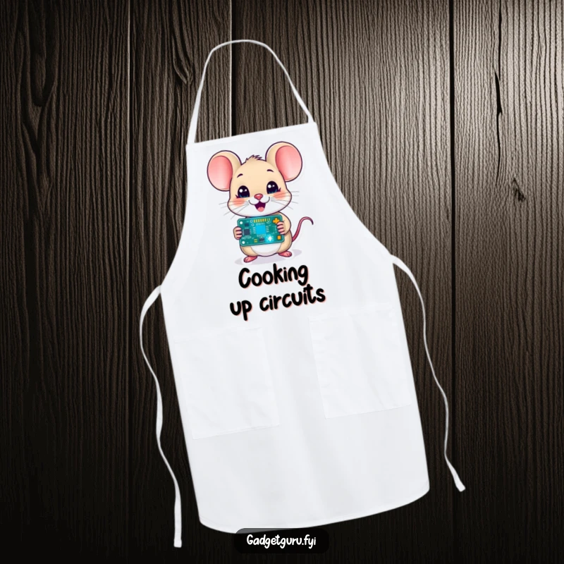Funny mouse character holding a blinking circuit board while wearing an apron, adding tech humor to kitchen activities, a delightful gift.