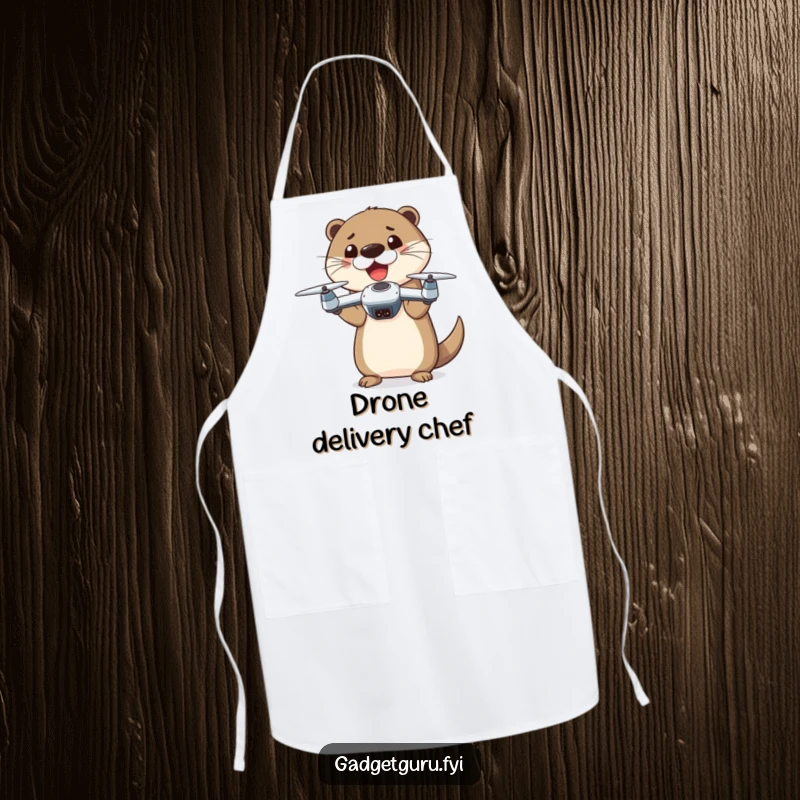 Funny otter character showing off a tiny drone, ideal for kitchen or workshop, on a functional apron.