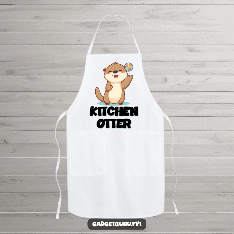 Funny apron featuring a playful otter character tossing a small, glowing digital orb, perhaps while preparing a meal.