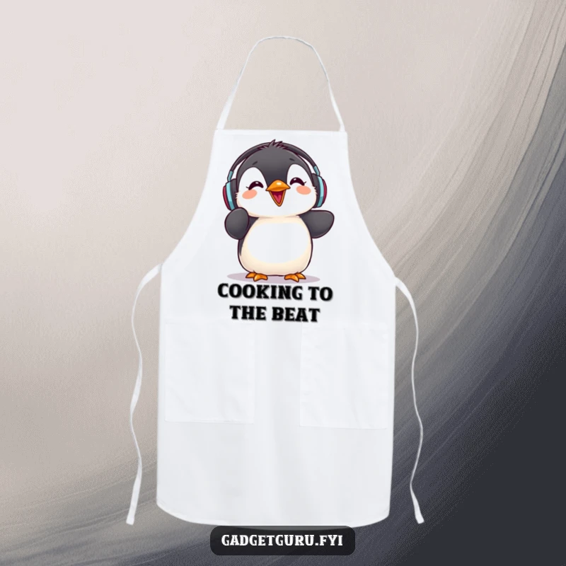 Funny penguin chick apron, wearing headphones and giving a rave review, perfect for a musical kitchen.