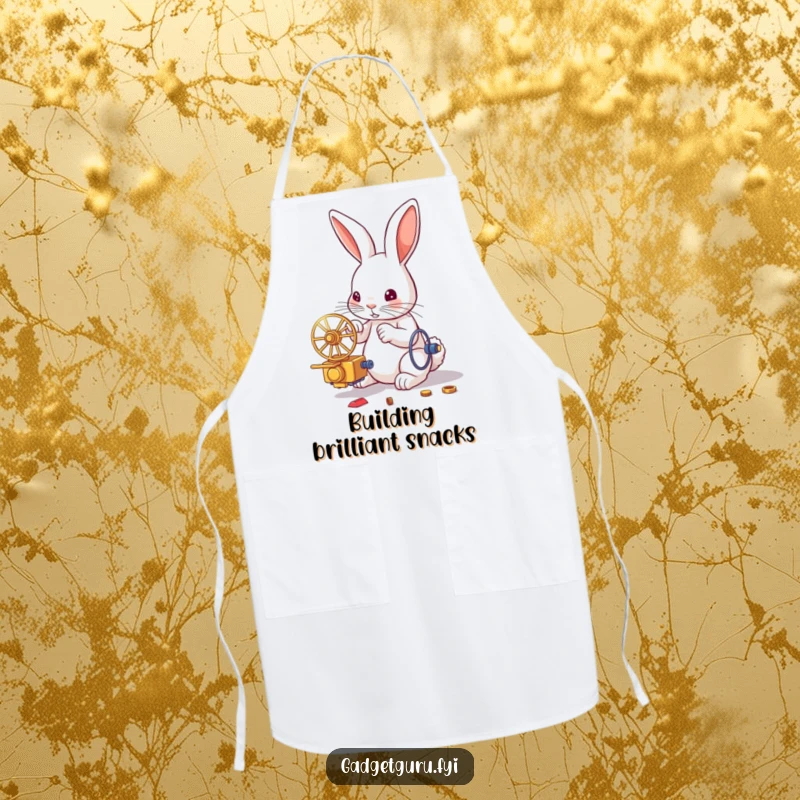 Funny apron graphic of a rabbit with tools, assembling a miniature whirring contraption, perfect for the creative cook or DIY enthusiast.