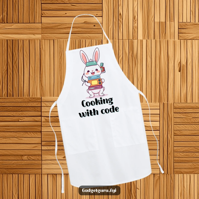 Funny apron showcasing a cheerful rabbit character precariously balancing various small kitchen and electronic gadgets while cooking.