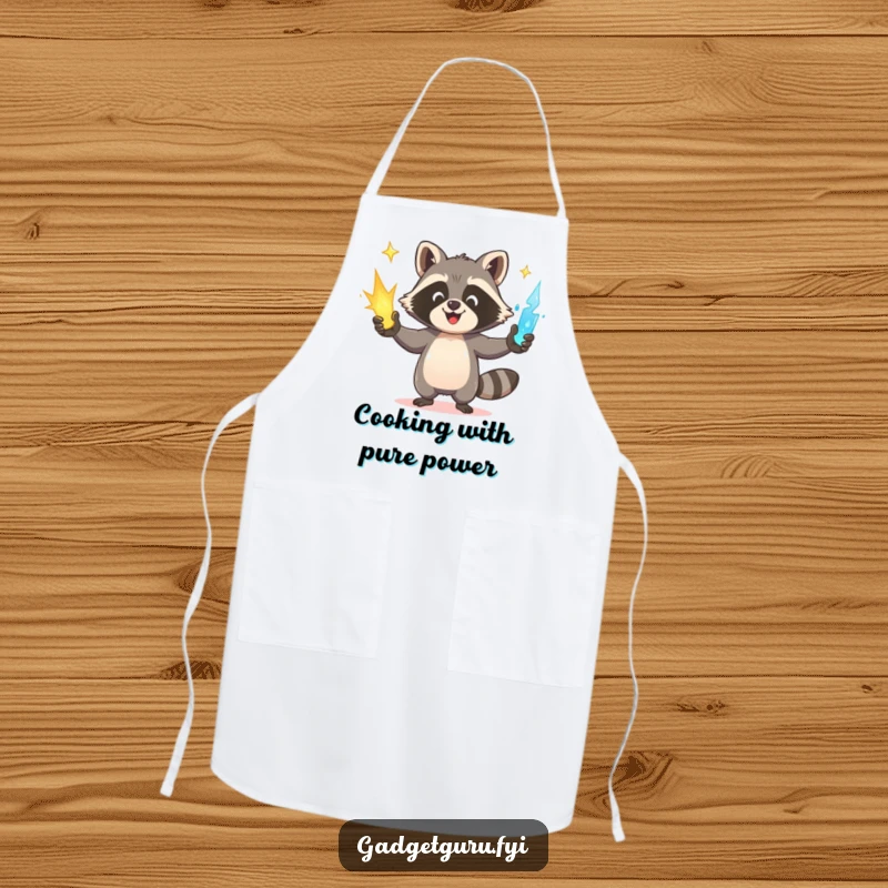 Funny Raccoon Apron: A happy raccoon juggles glowing power sources, perfect for keeping kitchen messes at bay.