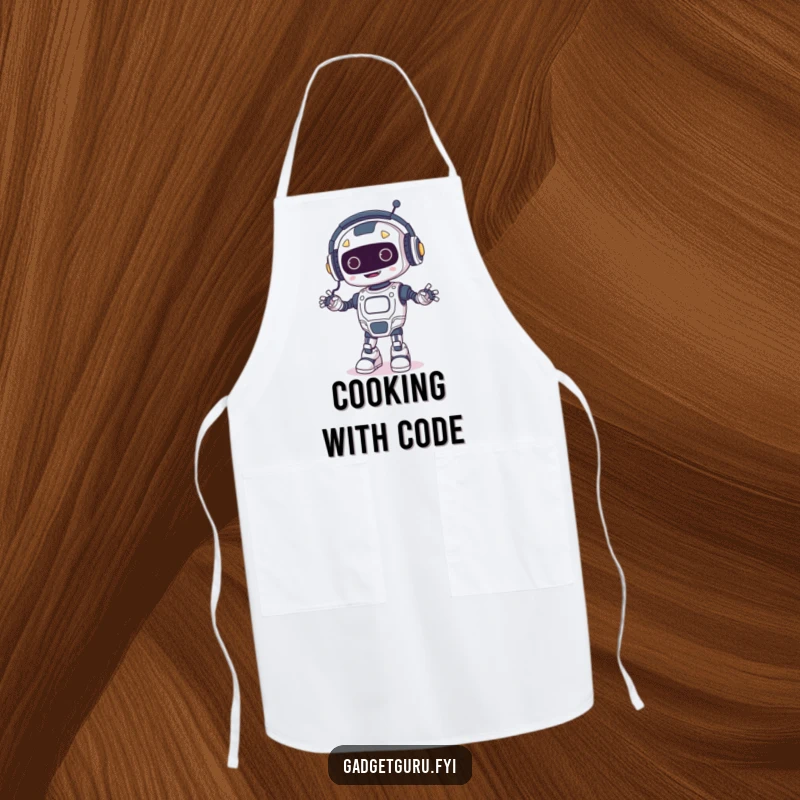 Funny apron print of a happy robot wearing tiny headphones and dancing, with glowing wires, designed for fun in the kitchen.