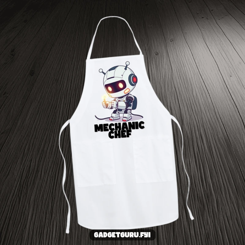 Funny Apron showing a cute robot character enthusiastically tinkering with a glowing wire, perfect for kitchen creations and DIY.