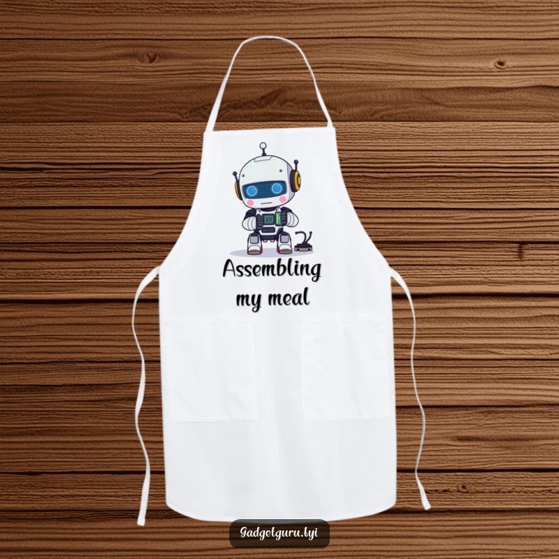 Funny apron featuring a small robot character happily assembling a tiny, glowing circuit, a perfect companion for builders.
