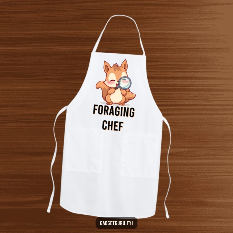 Funny Apron showing a playful squirrel character excitedly examining with a magnifying glass, perfect for kitchen exploration and protection.