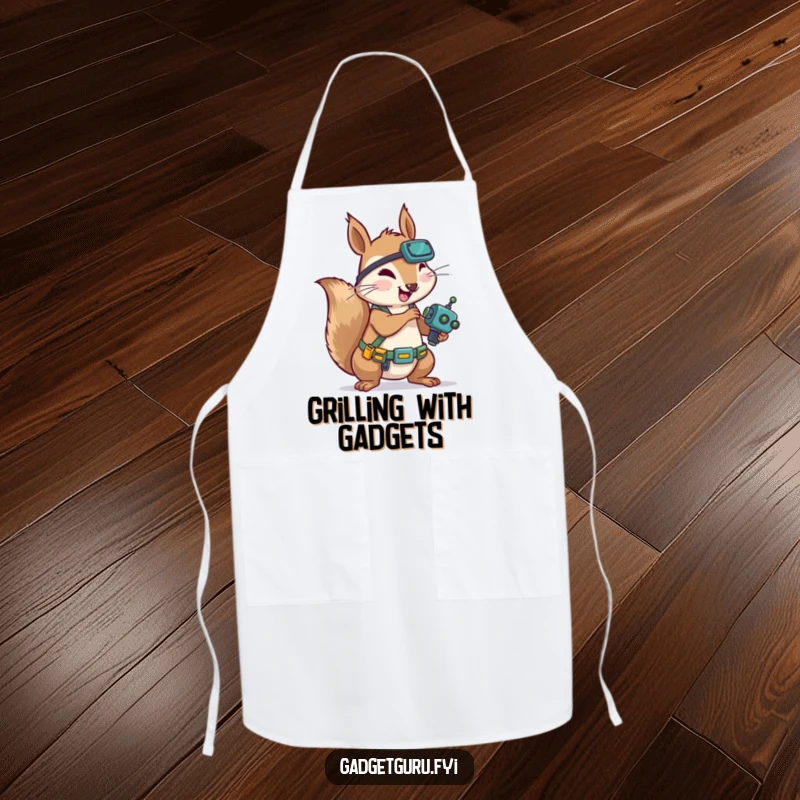Funny Squirrel Mechanic Apron: A humorous apron featuring a squirrel with a tool belt working on a tiny robot, great for messy projects.