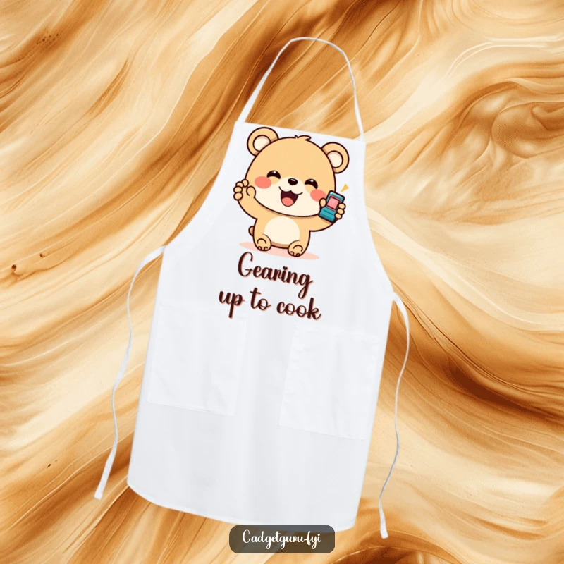Funny Bear Gadget Apron: A humorous kitchen apron featuring a smiling bear enthusiastically holding a small, flashing gadget, practical for cooking.