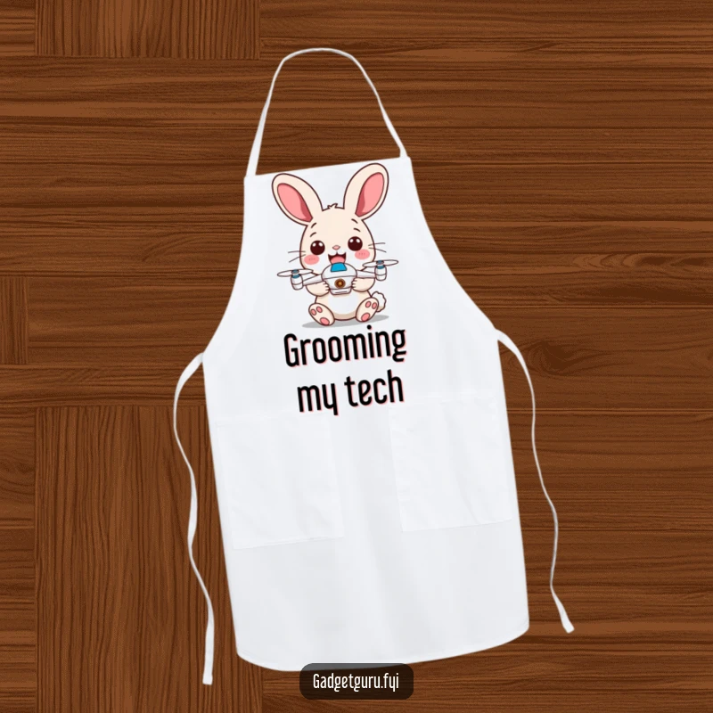 Funny apron with a happy rabbit, energetic ears, and a tiny drone, ready to cook with humor.