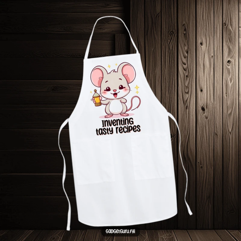 Funny Mouse Apron: A proud mouse holds a miniature, sparking invention, perfect for creative culinary adventures.