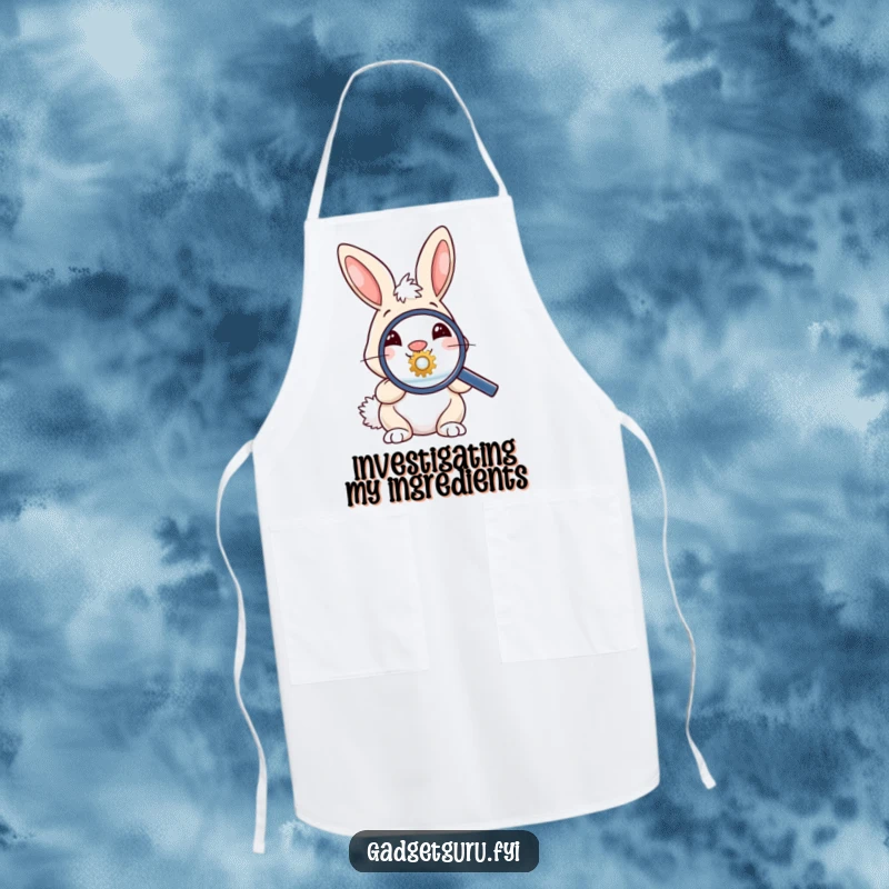 Funny apron showcasing a bunny with a magnifying glass examining a tiny gear, blending kitchen fun with detailed exploration.