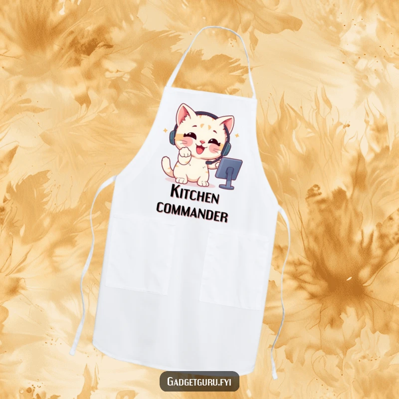 Funny Apron featuring a delighted kitten wearing a headset, enthusiastically pointing at a screen, ready for action.