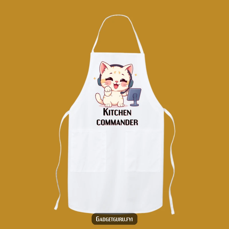 Funny Gamer Kitten Headset Apron - Enthusiastic Pointing Kitten Kitchenware Funny Gift