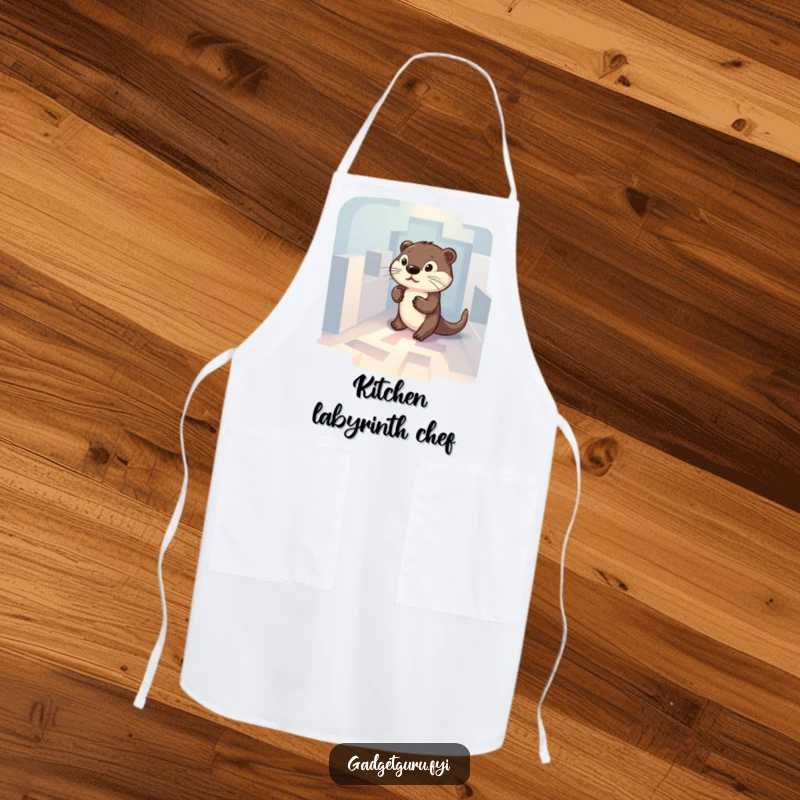 Funny apron depicting a determined otter character navigating a small, glowing maze, ready to cook up a storm.