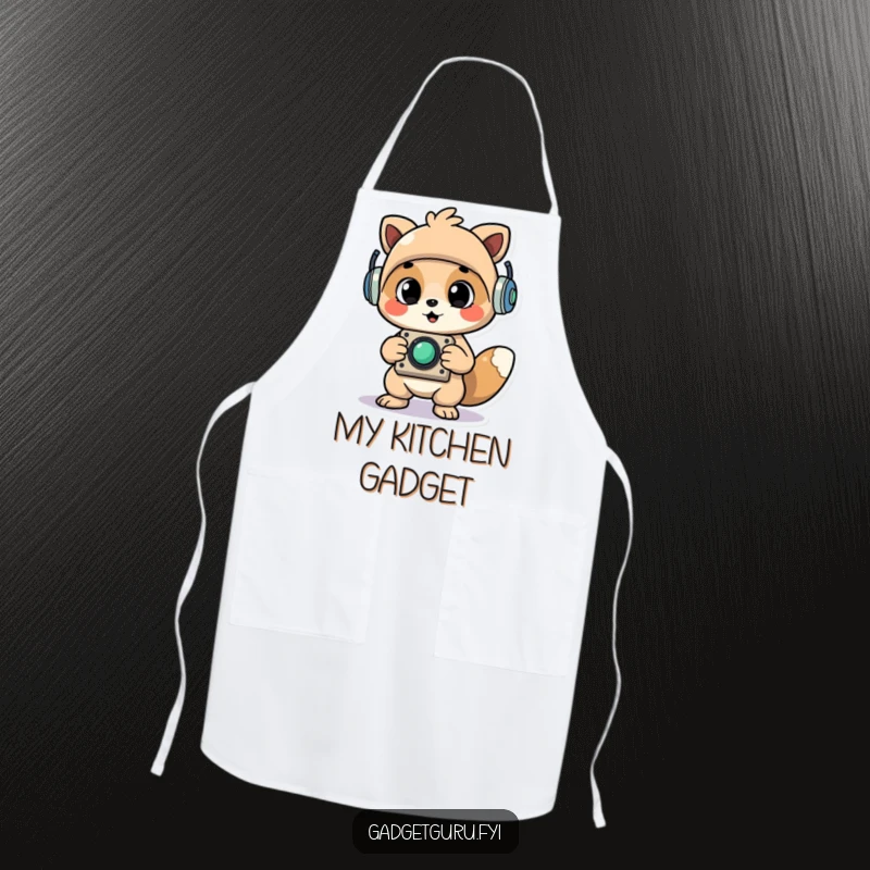 Funny Cheerful Animal Character Proudly Holding Up a Newly Assembled Whimsical Gadget Apron, a Humorous Kitchen Essential.