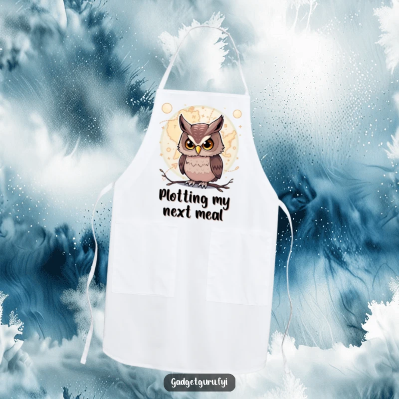 Funny Owl Apron: A curious owl studies a glowing map, making this apron perfect for culinary creativity.