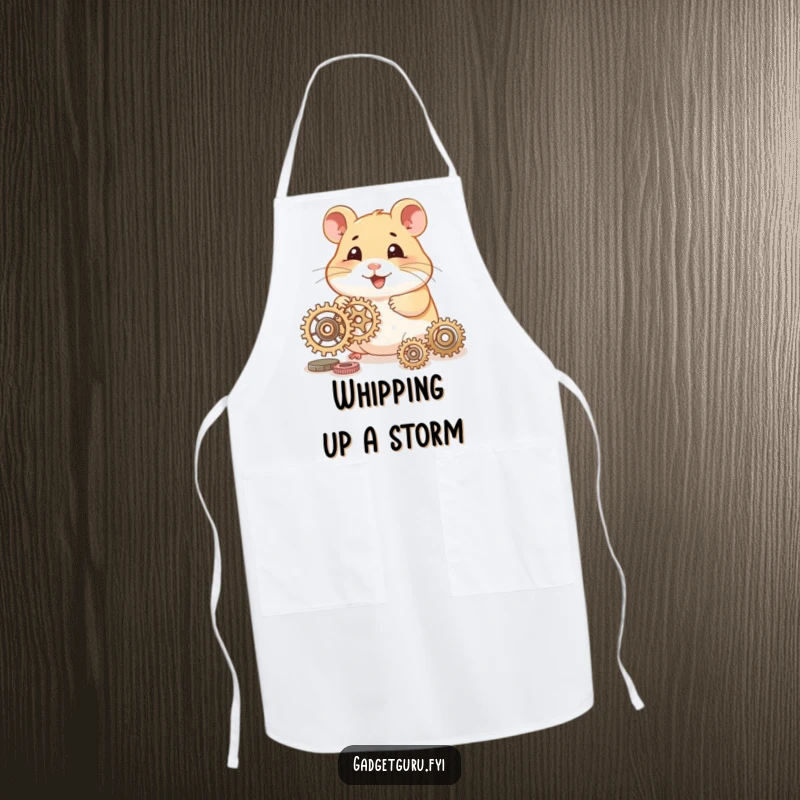 Funny hamster apron featuring a smiling character tinkering with tiny gears, ideal for protecting clothes during crafts.