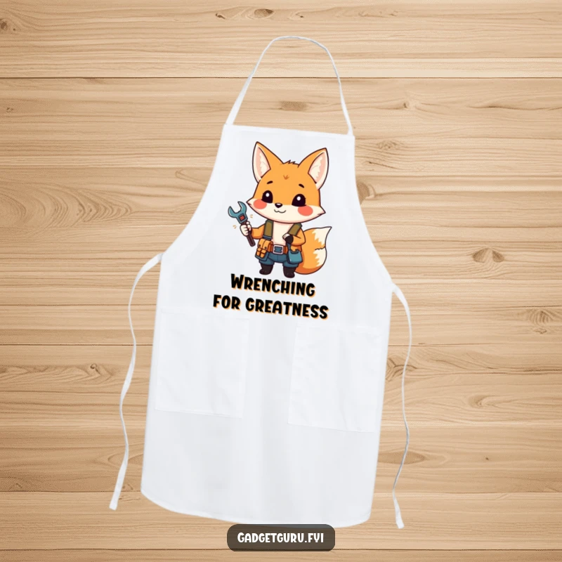 Funny apron with a small fox character wearing a tool belt and holding a miniature wrench.