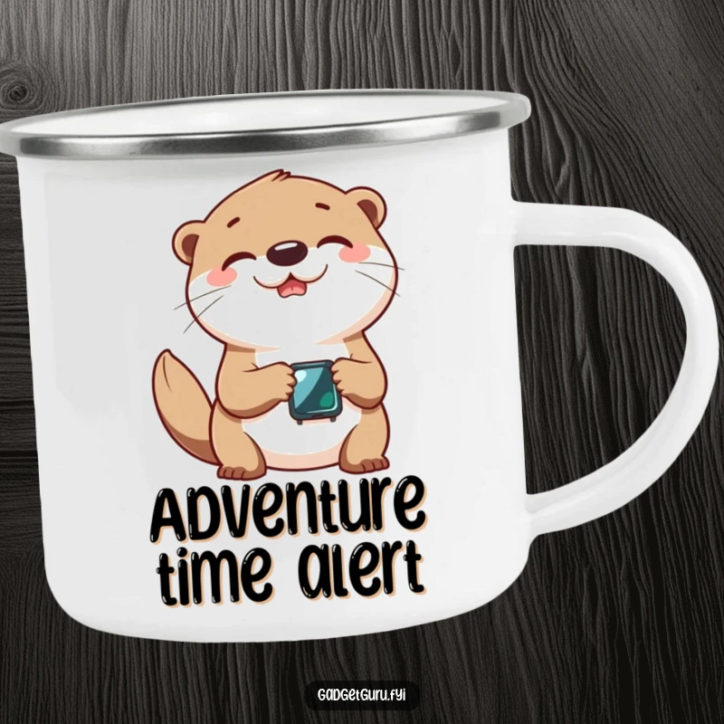 Funny camping mug featuring a cheerful otter character joyfully playing with a tiny smartwatch.