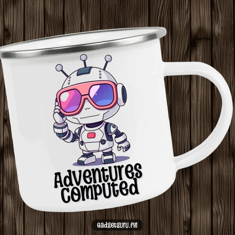 Funny robot enamel camping mug featuring a cute character adjusting oversized futuristic glasses, perfect for outdoor tech enthusiasts.