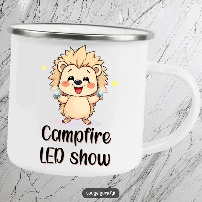 Funny camping mug showing a happy hedgehog character juggling small, flashing LEDs, perfect for outdoor settings.