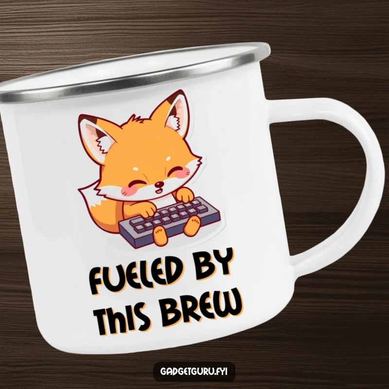 Funny Kawaii Fox Camping Mug: An enamel mug with a kawaii fox typing dynamically, perfect for outdoor enthusiasts seeking a humorous touch.