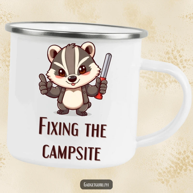 Funny camping mug with a determined badger giving a thumbs-up with a tool, perfect for outdoor enthusiasts who love DIY.
