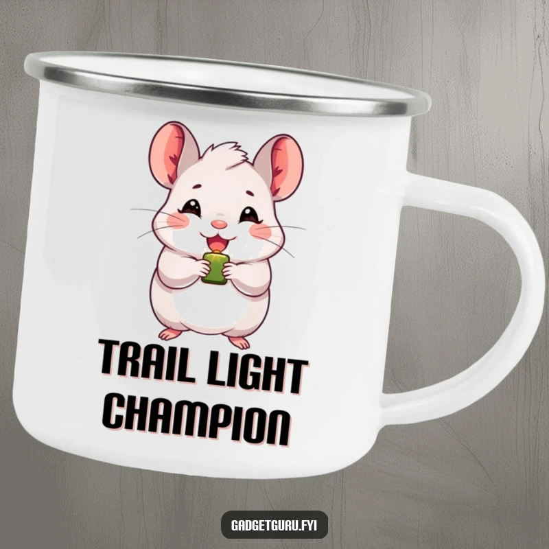 Funny chinchilla camping mug featuring a beaming character holding a blinking light, perfect for cheerful outdoor excursions.